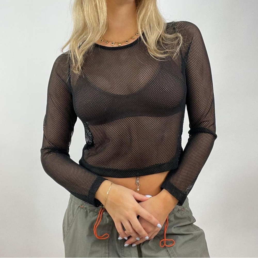 Black Mesh Long Sleeve  Top summer
